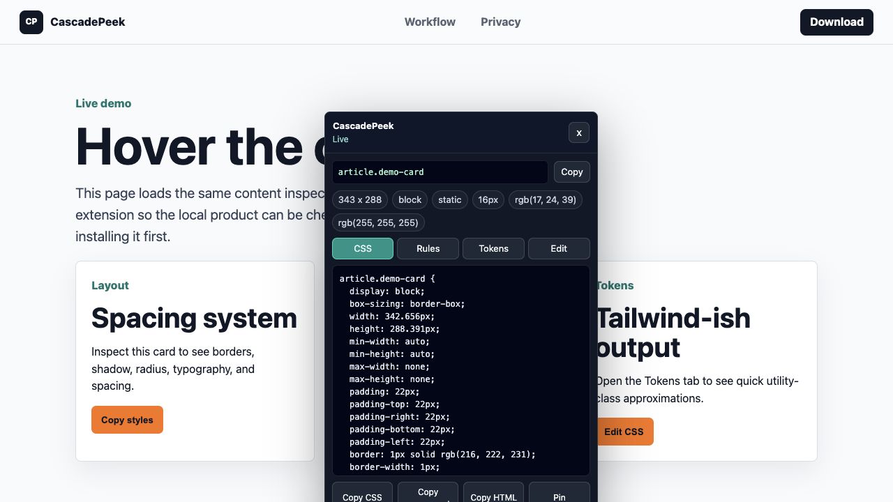 CascadePeek running on the local demo page with a CSS panel open